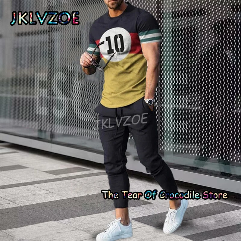 2023 Men's T Shirt+Pants Trousers Tracksuit 2 Piece Set 3D Printing Summer Dark stripe Trend Outfit Short Sleeve Street Clothing