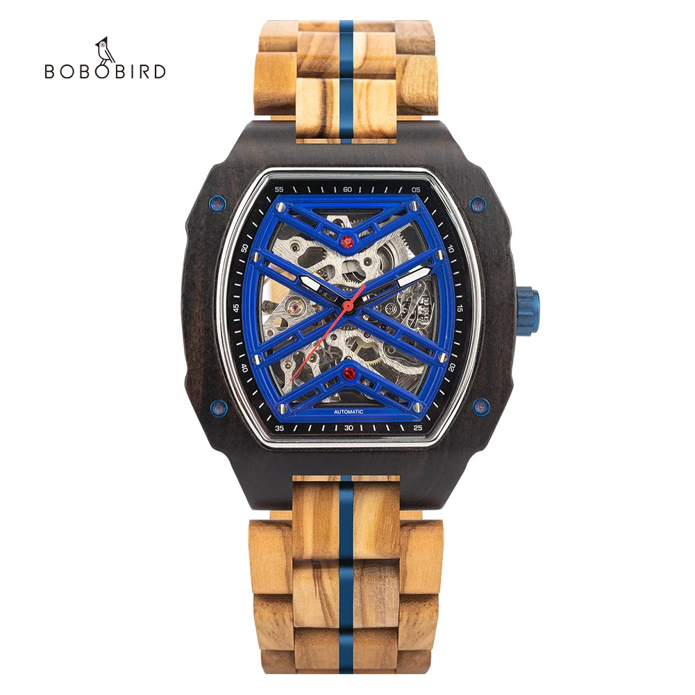 BOBO BIRD 38mm Luxury Men Watches Tonneau Square Mechanical Watch Hollow Sport Automatic with Wooden Strap Personalized Gift