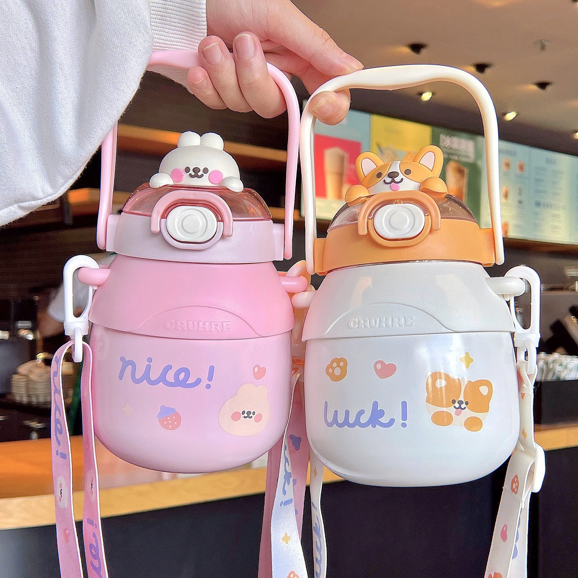 

Kawaii thermos cute cartoon rabbit children with straw 780ml large capacity cartoon summer girl water bottle sports student cup
