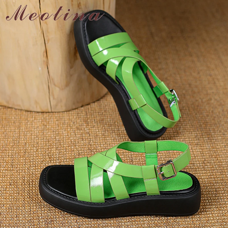 

Meotina Genuine Leather Women Gladiator Shoes Causal Flat Platform Sandals Buckle Round Toe Ladies Footwear Summer Green Sliver