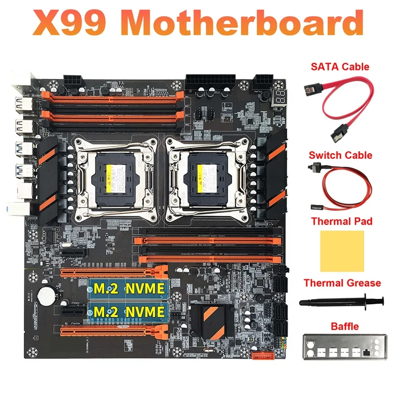 

Dual CPU PCB Motherboard With SATA Cable+Switch Cable+Baffle+Thermal Grease+Thermal Pad Support 2011-V3 CPU Motherboard