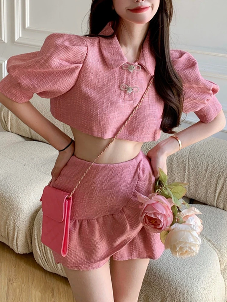 Женский твидовый костюм короткий топ с пышными рукавами и юбка-годе маленький