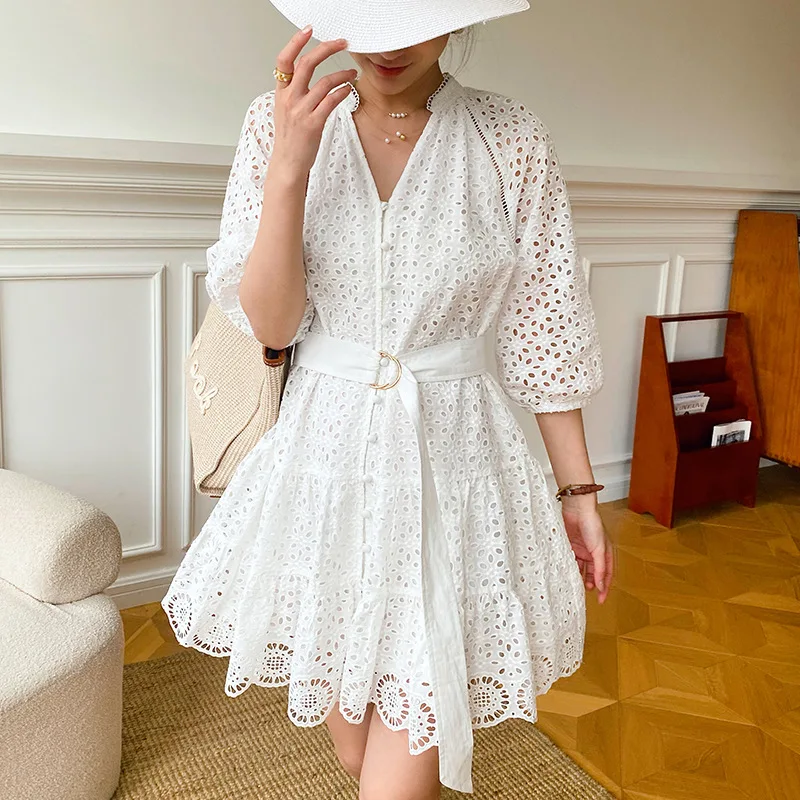 

Sweet Party Dress Women White Dresses Knee Length Maxi Lace Embroidery Sexy Club Night Feminino Vacation Casual Vestidos Wedding