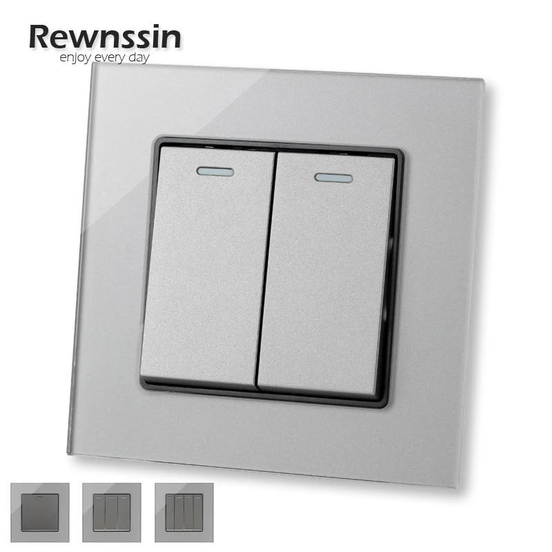 

Переключатель Rewnssin из закаленного стекла, розетка питания с серой кристальной панелью 16 А, двухпозиционный кнопочный переключатель с 1 кноп...