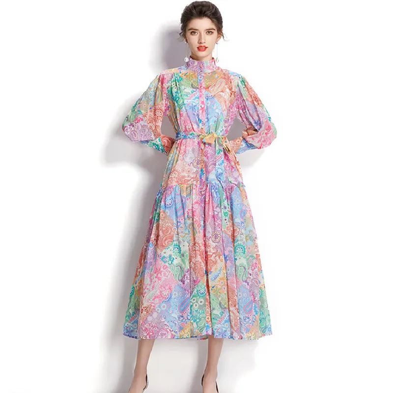 

Spring Autumn Elegant Party Dress Women Holiday Retro Print Stand-up Collar Lantern Sleeve Slim Runway Prom Maxi Dresses 2022