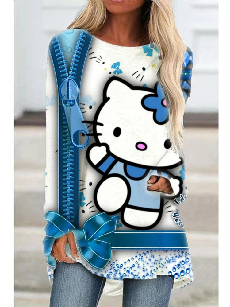 

Модный Топ, свободная футболка с круглым вырезом и рукавом реглан Hello Kitty, Весенняя женская футболка Hello Kitty