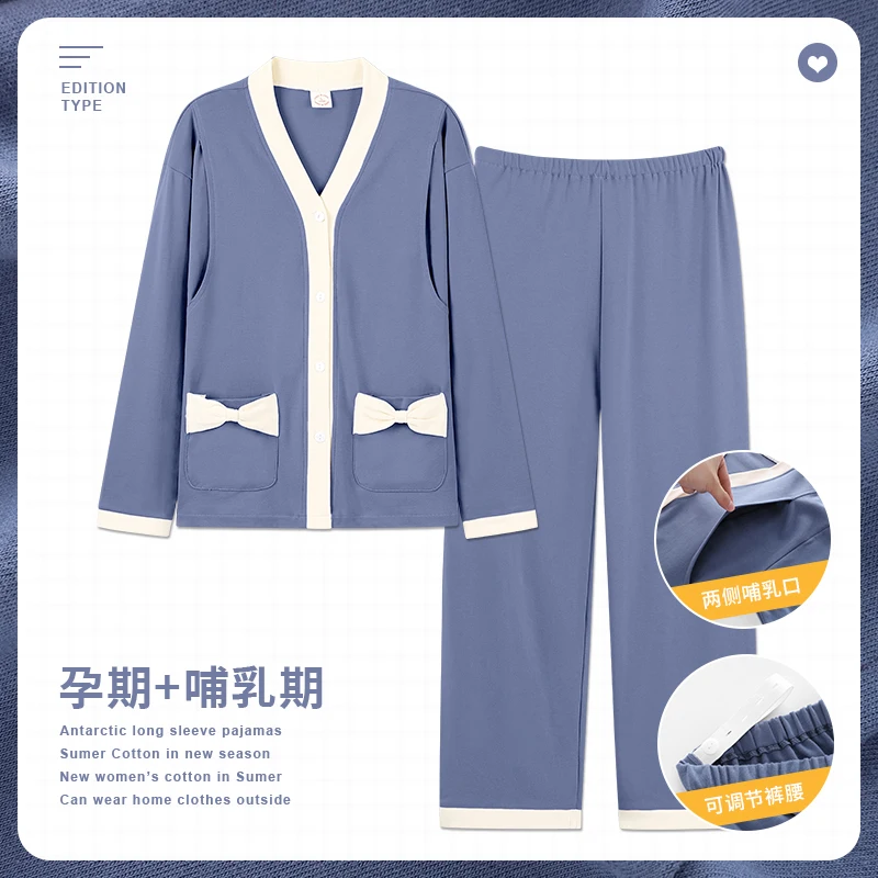 

Cotton Maternity Nursing Sleepwear Sets V Neck Loose Feeding Tops Belly Pajamas Suit Autumn Pregnancy Home Wear Nightwear
