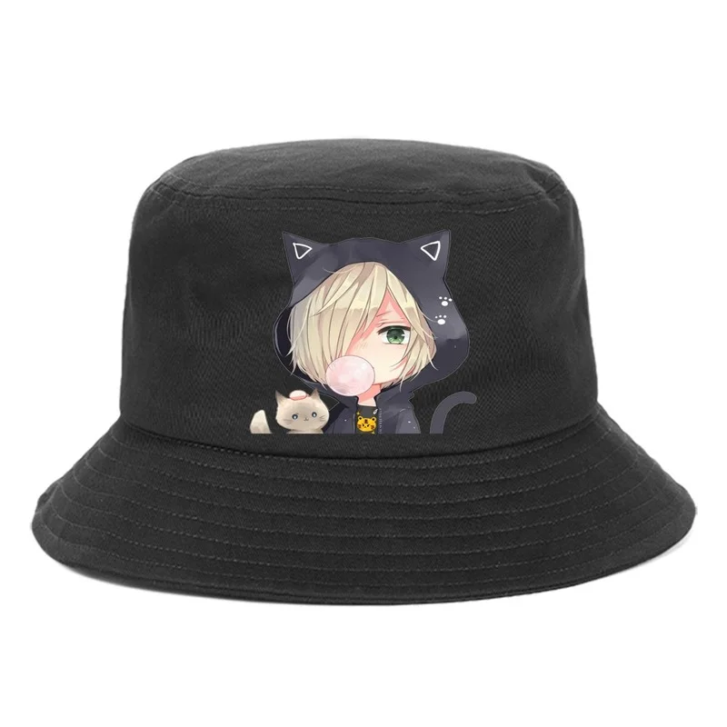 

Woman Hat YURI on ICE with Print Men Cap Anime Black Bucket Hats Japanese Cute Summer Sun Protection Caps Students Casual Gift