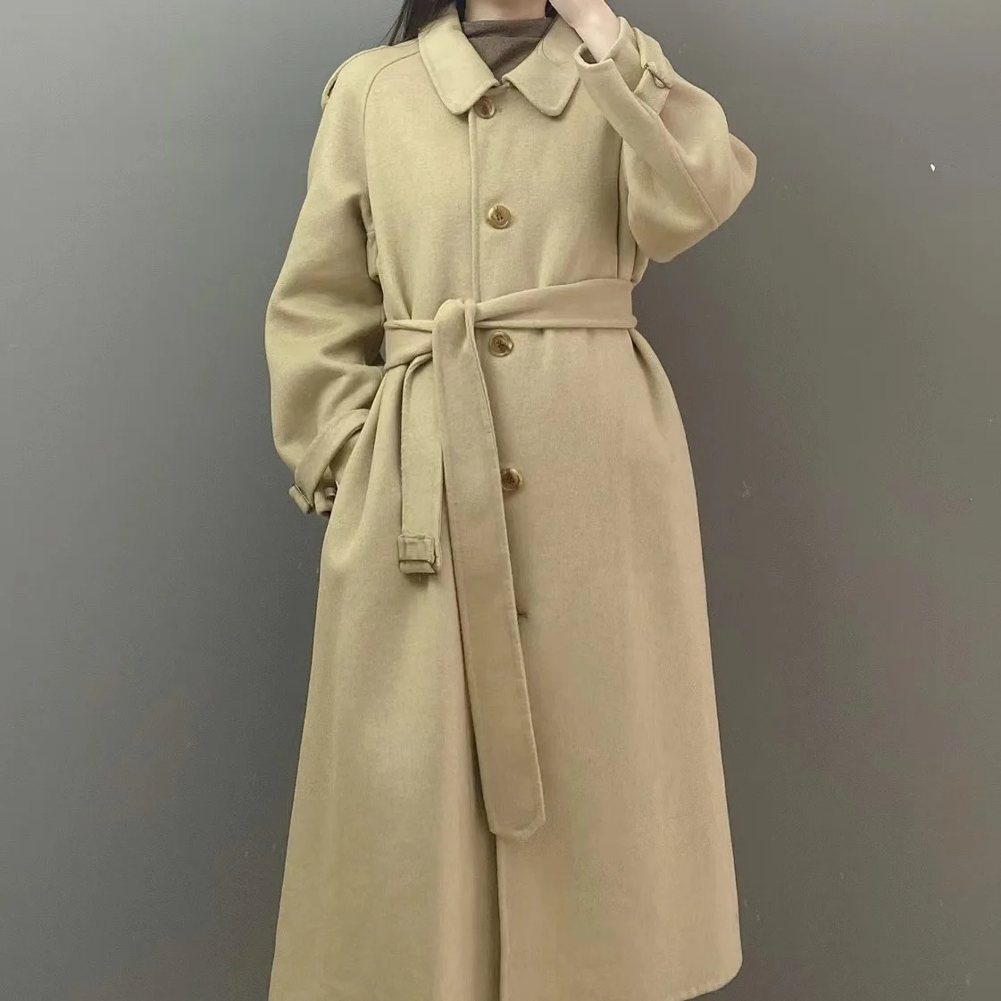 Double-sided wool coat women's fashion single-breasted long belt high woolen coat casaco longo feminino inverno