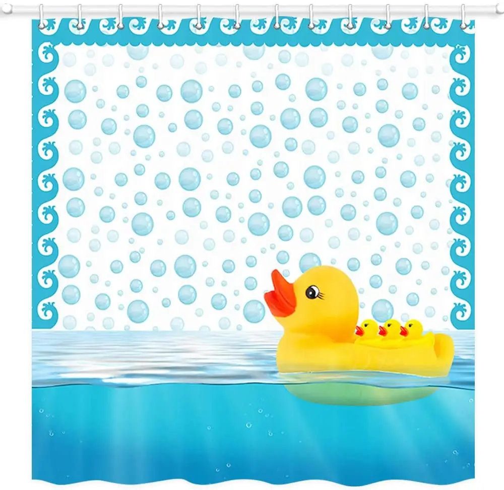 

Rubber Duck Shower Curtain for Kids Bathroom Cartoon Duckies Swimming Water Polyester Fabric Bath Bathroom Curtains with Hooks