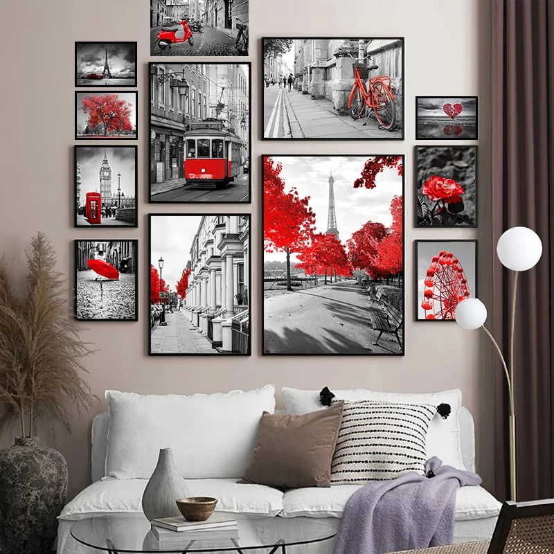 

Black White Europe Red Poster Print Umbrella Tree Wall Art City Landscape Decoration Picture Living Room Decor Canvas Painting