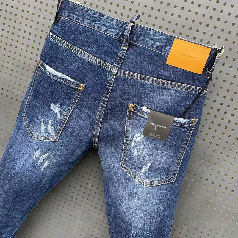 New Tattered Splashed Paint Mens Jeans Slim Fitting Patch Elastic Jeans Blue Tight Beggar Pants for Men