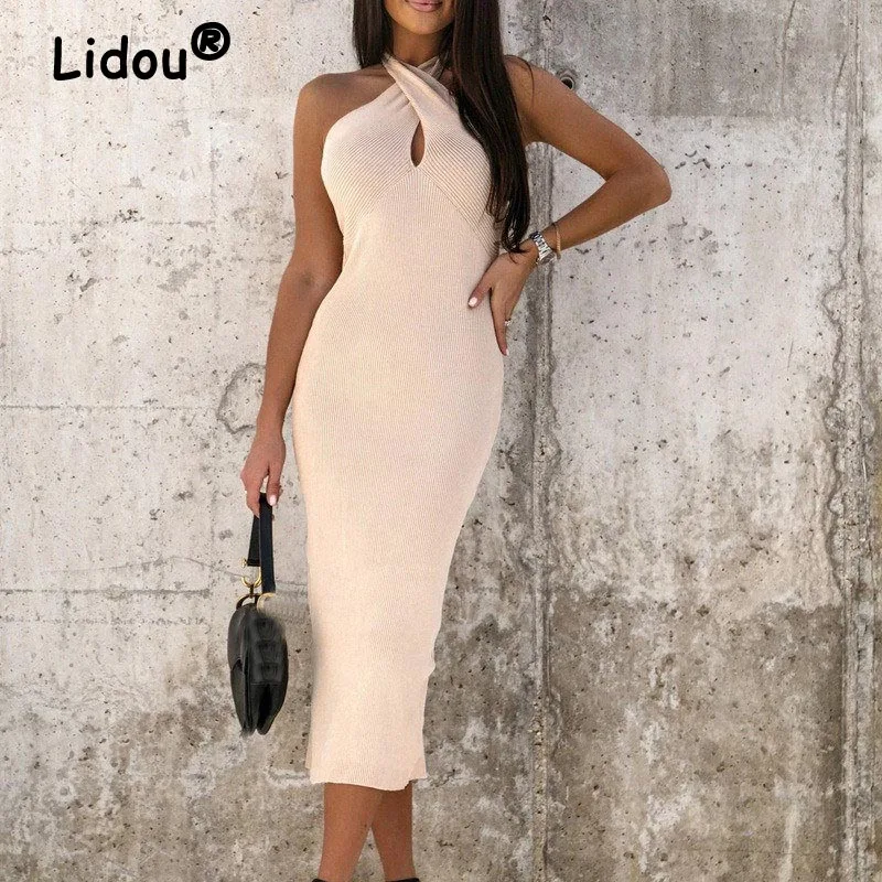 

Rib Knit Halter Sexy Backless Split Bodycon Party Elegant Dresses for Women Summer Casual Solid Sleeveless Club Midi Dress Robe