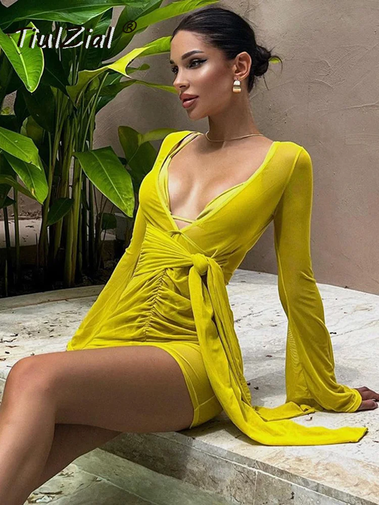 

TiulZial Yellow Mesh Wrap Short Summer Beach Sexy Dress Long Sleeve See Though Club Party Ruched Bodycon Sundress Women Outfits