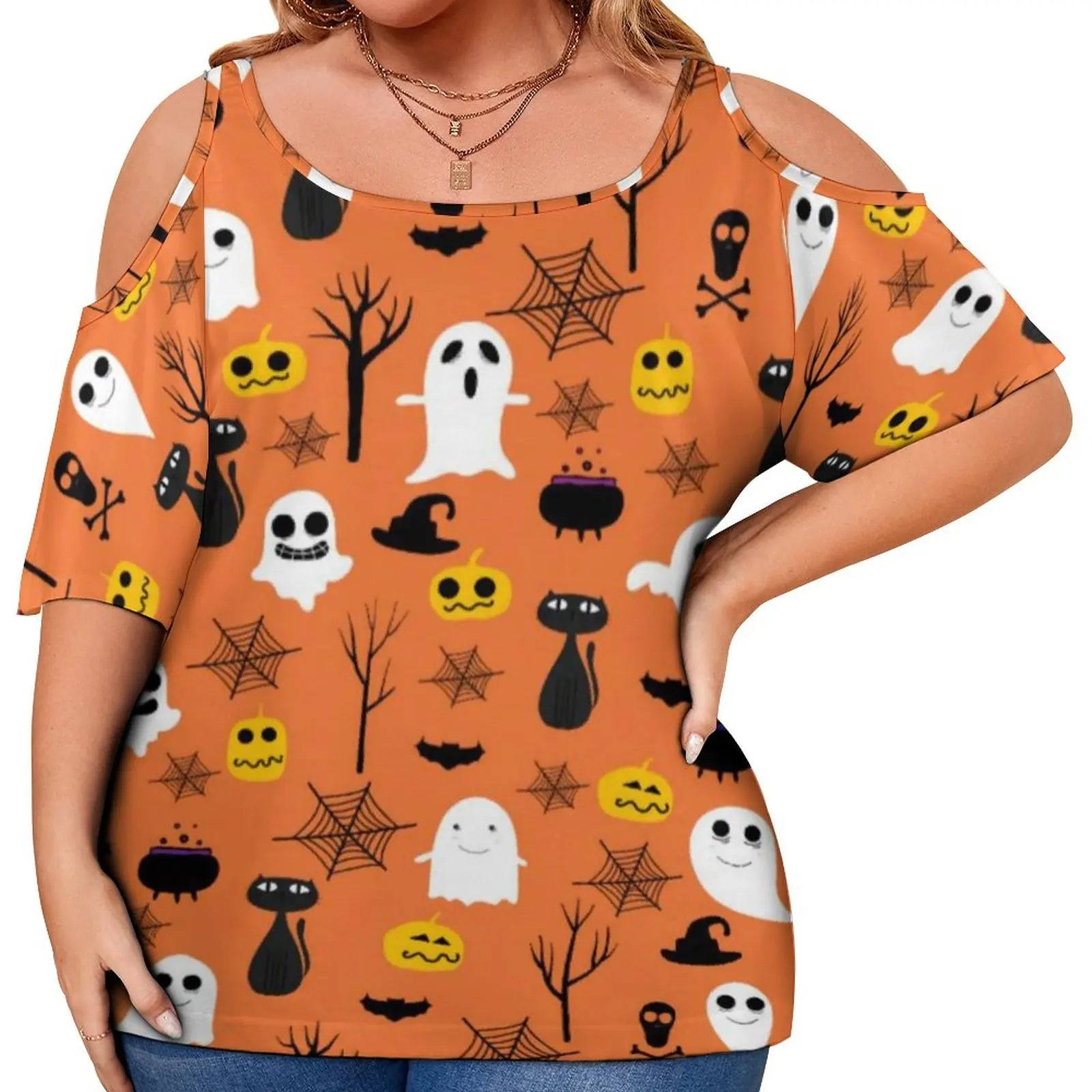 

Женская футболка с принтом призраков и тыкв, размеры до 5XL