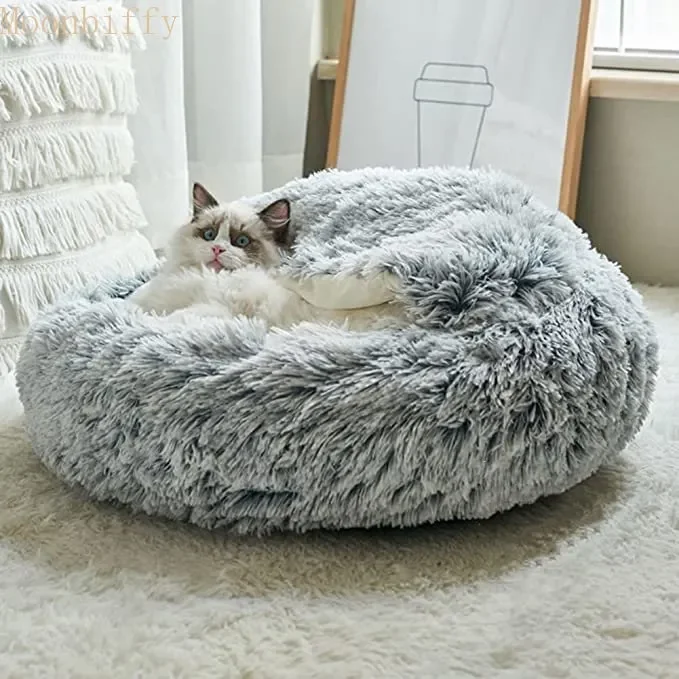 

Pet Cat Bed Long Plush Round Winter Cat Cushion House Warm Cat Basket Cat Sleep Bag Cat Nest Kennel 2 In 1 For Small Dog Cat