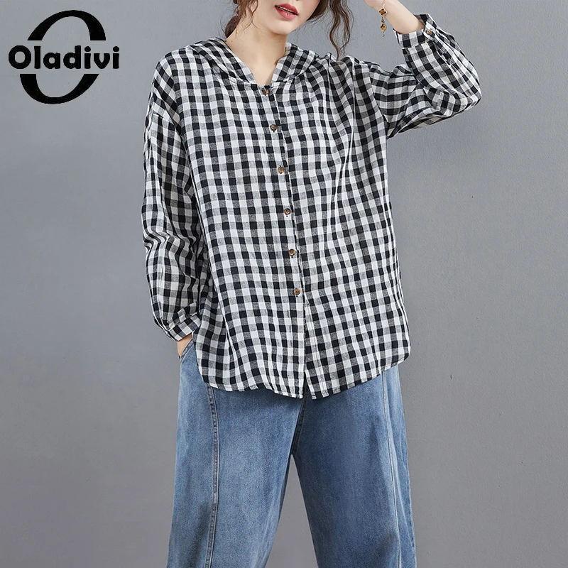 

Oladivi Fashion Plaid Oversized Blouses for Women 35 45 55 Years Old Ladies Casual Loose Hooded Shirts Large Size Top Blusa 6128