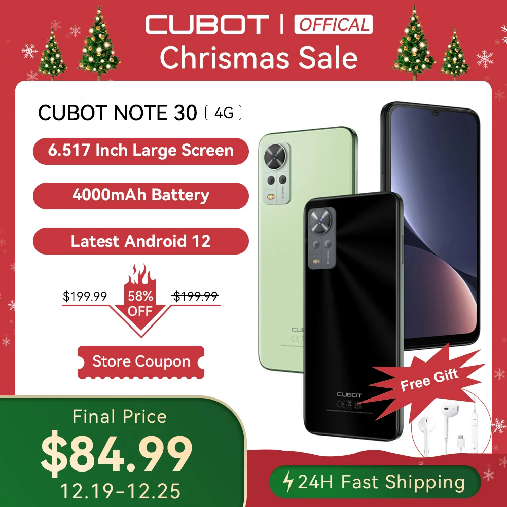 Cubot Note 30, Android Smartphone, Octa-core, 4GB+64GB(256GB Extended), 6.517-Inch Screen, 4000mAh,20MP,Dual SIM 4G Mobile Phone