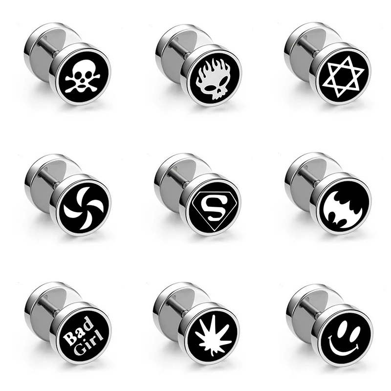 

1Pc Punk Black Stainless Steel Round Stud Earrings Women Men Gothic Tunnel Barbell Dumbbell Earings Ear Piercing Jewelry Gifts