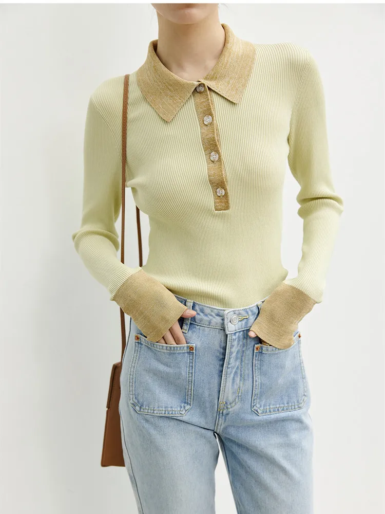 Women's Sweater Color Patchwork Polo Collar Half Open Buttons Long Sleeve Slim Knitted Pullover