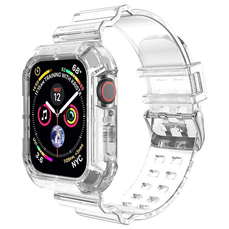 Clear Band + Case for Apple Watch Series 8 7 6 SE 5 4 49mm 45mm 44mm 42mm 41mm Transparent for iwatch 3 38mm 40mm Plastic Strap