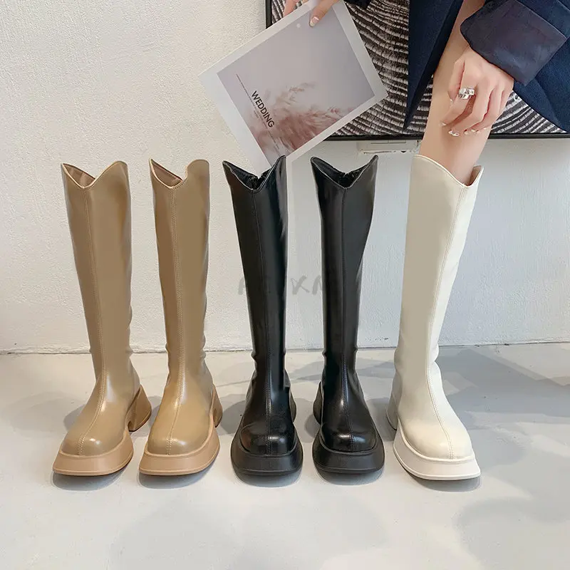 Boots 2023 Autumn Winter New Leather Thick Soled Riding Women's Chelsea Ytmtloy Knee High Square Toe Botines De Mujer Rubber