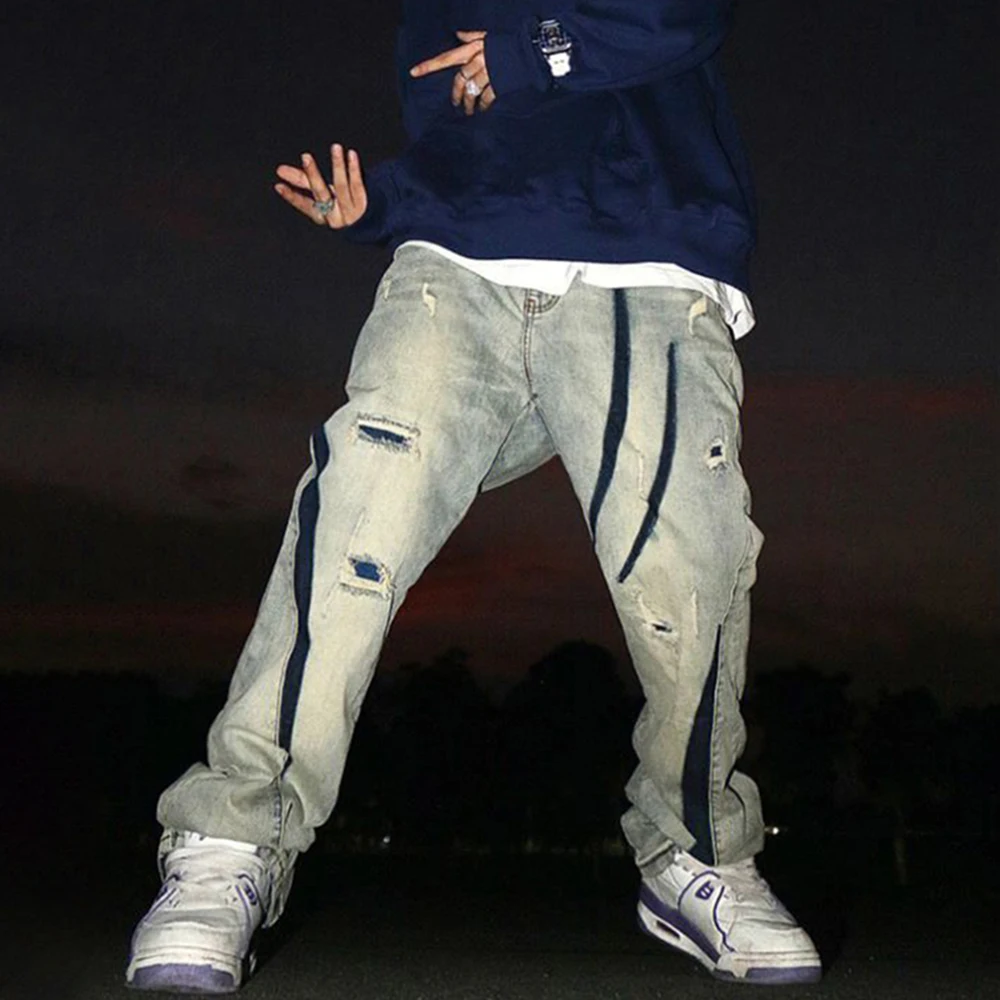 

American Style Old Ripped Denim Trousers Men's Street Wear with Color Contrast Design Loose Straight Jeans Trend Hip-hop Pants