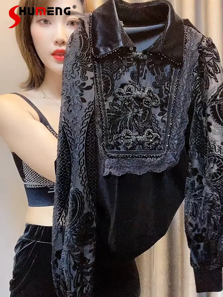 

Oversized 3XL Black Shirt Women Spring and Autumn 2023 Retro Peter Pan Collar Advanced Rhinestone Lace Stitching Pleuche Tops