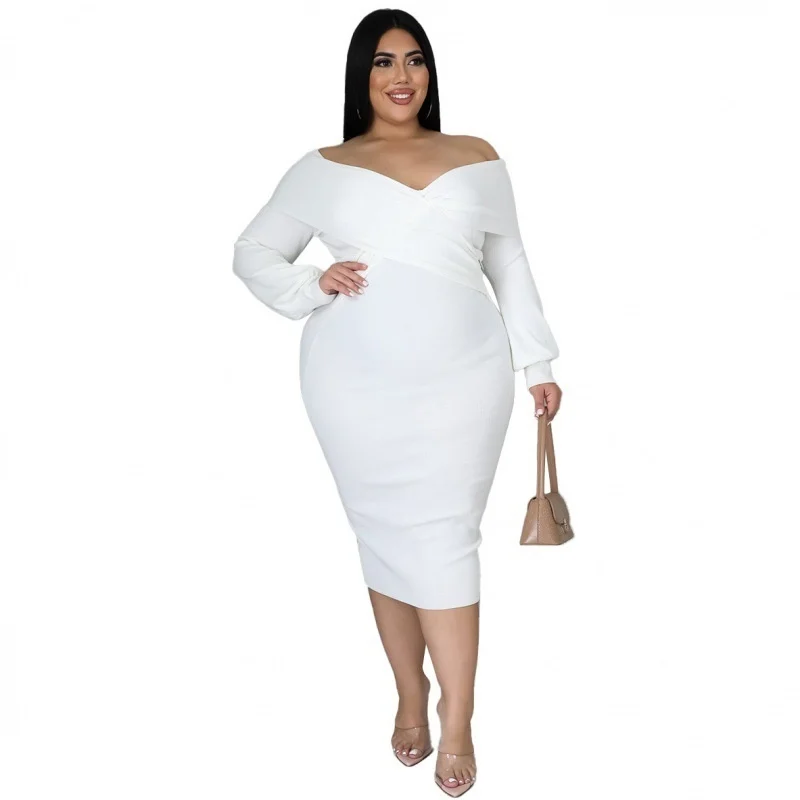 Plus Size Female Dresses Fashion V-neck Solid Color Mid-length Dress Sexy Women Elegant Party Dresses Long Sleeve Large Size