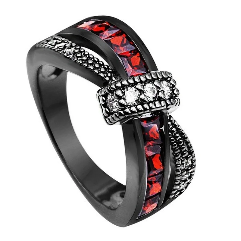 

Luxury Metal Craftsman Set Red Square Zircon Ring Hand Carved Twisted Cross Classic Ladies Travel Party Ring