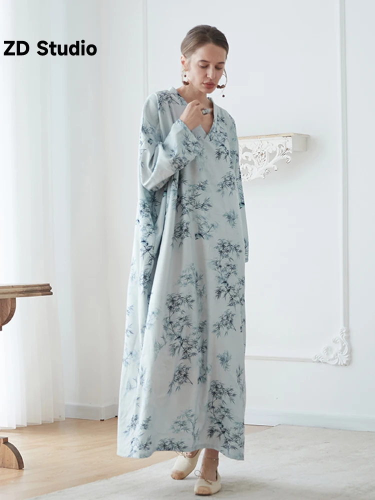 

[ZD Studio] Women's Temperament Big Name Robe Small Thin Literary Retro Plus Size Long Loose Dress Spring And Autumn