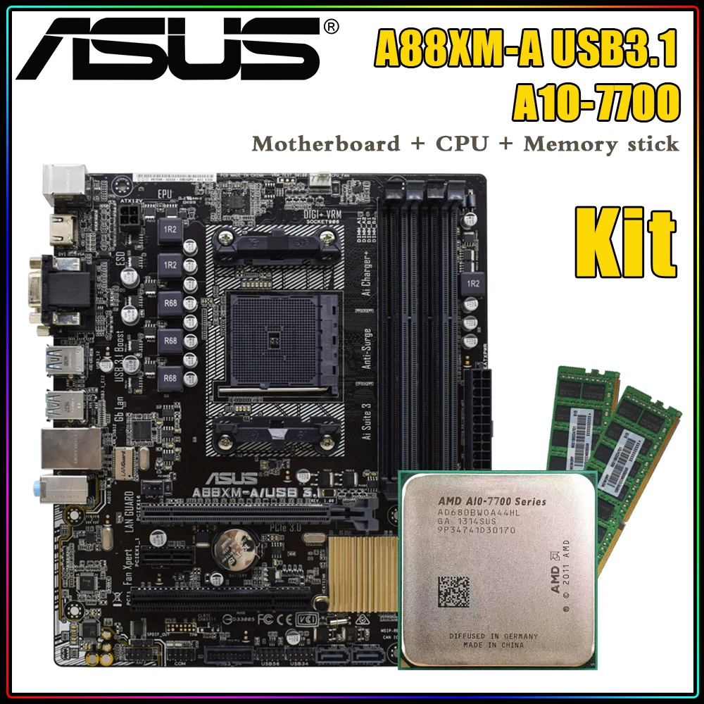 

ASUS A88XM-A USB 3.1 Motherboard Kit AMD A10 Set with DDR3 8G +A10 7700 CPU FM2/FM2+, CPU 3.4GHz (OC) 3.8GHz Quad-core Processor