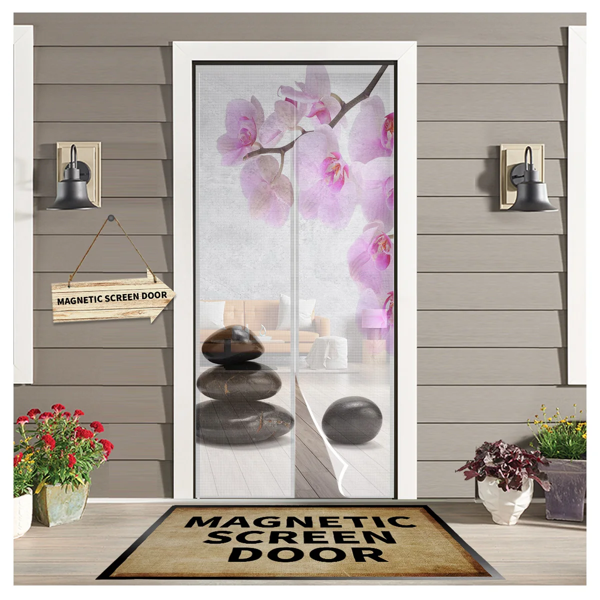 

Магнитная сетка для окон и дверей, настенная занавеска с изображением орхидеи, черного камня, розового цветка, белого цвета, сетка от комаро...