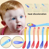 hot sale 5pcsset baby feeding temperature sensing soup spoon fork childrens tableware soft silicone head spoon fork