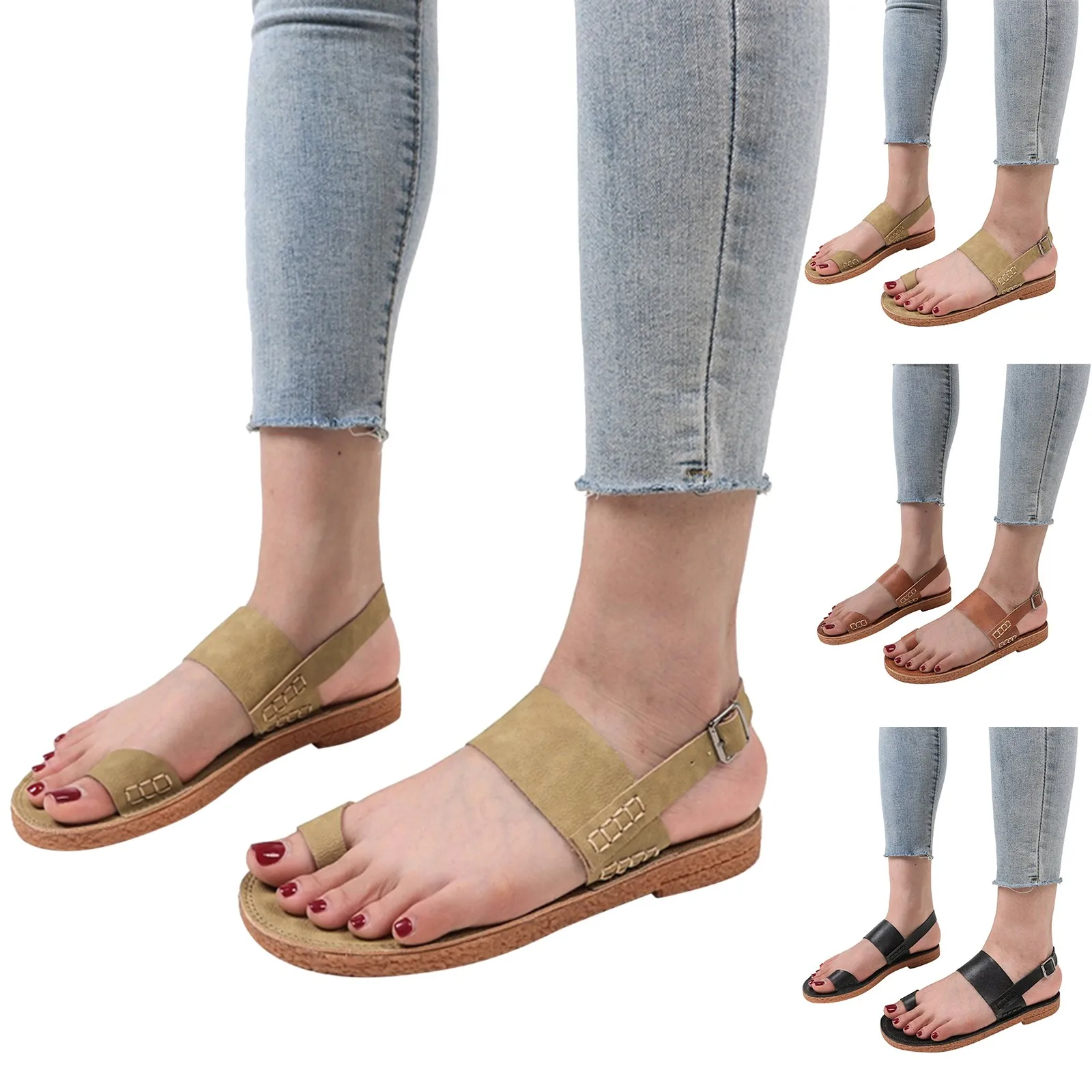 

Wedge Sandals for Women Lace Ladies Fashion Solid Color Leather Toe Soft Sole Flat Open Toe Buckle Sandals