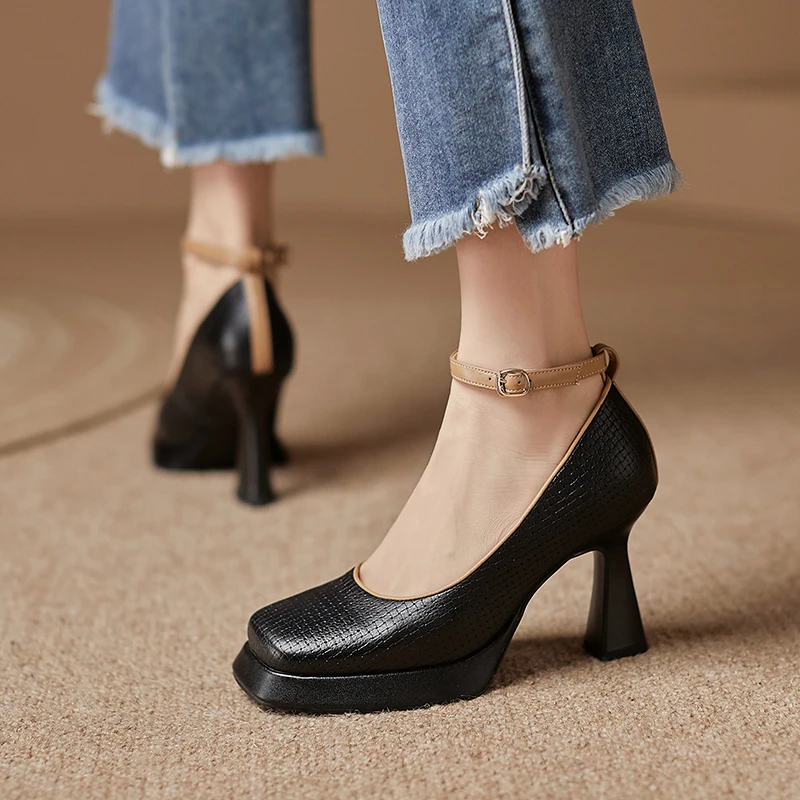 

2023 new spring women pumps natural leather 22-24.5cm length cowhide+pigskin buckle Mary Jane shoes high heel Ankle strap shoes