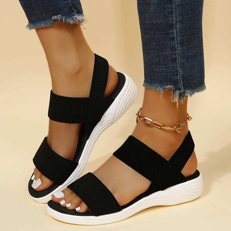 2023 Summer New Women's Casual Sandals Thick Sole Flat Heel Fashion Versatile Large Sandals Elastic Platform Outwear Sandals