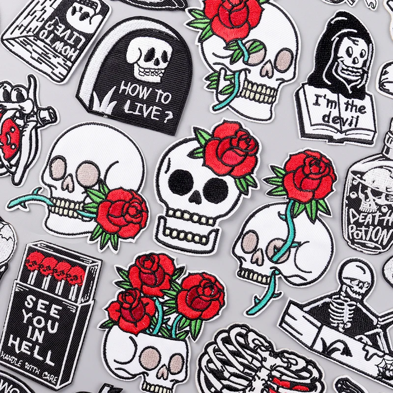 

Skull And Rose Patch Iron On Patches For Clothing Punk Embroidered Patches On Clothes Skeleton Patch For Clothes Stickers Badges