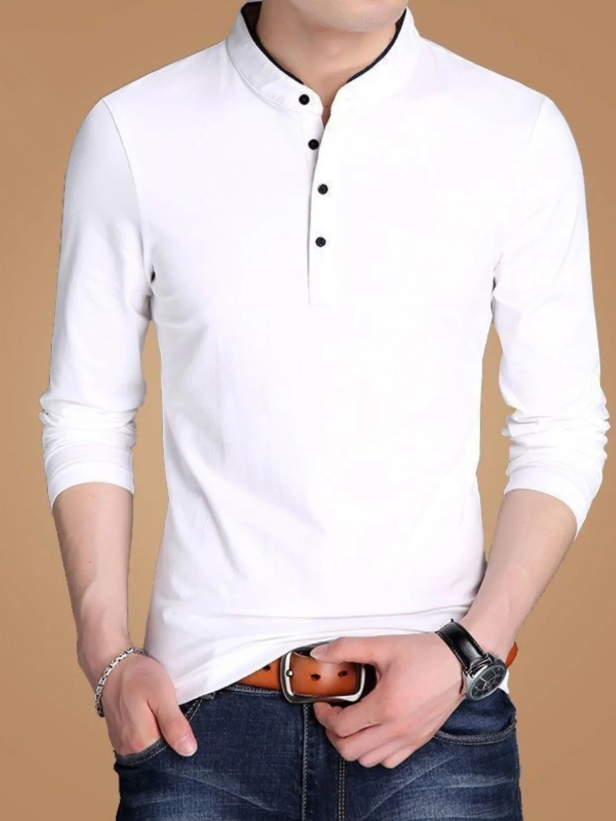 Long sleeves Shirt Men's Stand Collar Cotton Spring and Autumn Top Clothes Trendy T-shirt Casual Solid All-Matching Bot...