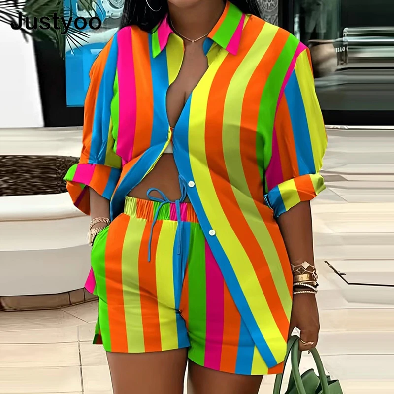 

Summer Casual Rainbow Stripe Print Two Piece Set for Women Long Sleeve Shirt & Short Sets Streetwear Y2k Clothes Outfits