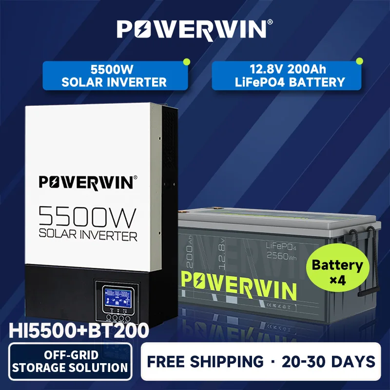 POWERWIN BT200 LifePO4 12 В 200 Ач/2560 Втч Гибридный солнечный инвертор HI5500 5500 Вт 48 100 А MPPT Чистая