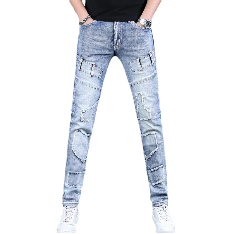 Jeans Men 2023 Summer Fashion Light Blue Slim Fit Pencil Pants Streetwear Casual Cotton Patchwork Patches Denim Trousers