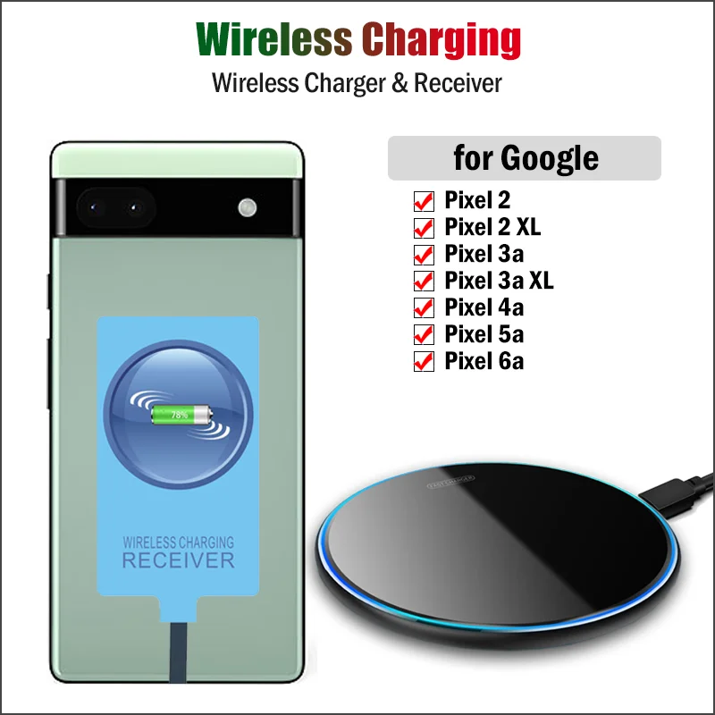

Qi Wireless Charger & Receiver for Google Pixel 6a 5a 4a 5G 2 3a XL Phone Wireless Charging Adapter USB Type-C Connector