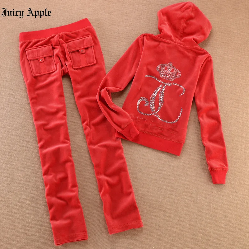 Juicy Apple Tracksuit Women Spring Autumn Two Piece Set Long Sleeve Hooded Zipper Pocket Sporty Jackets + Leggings Matching Sets