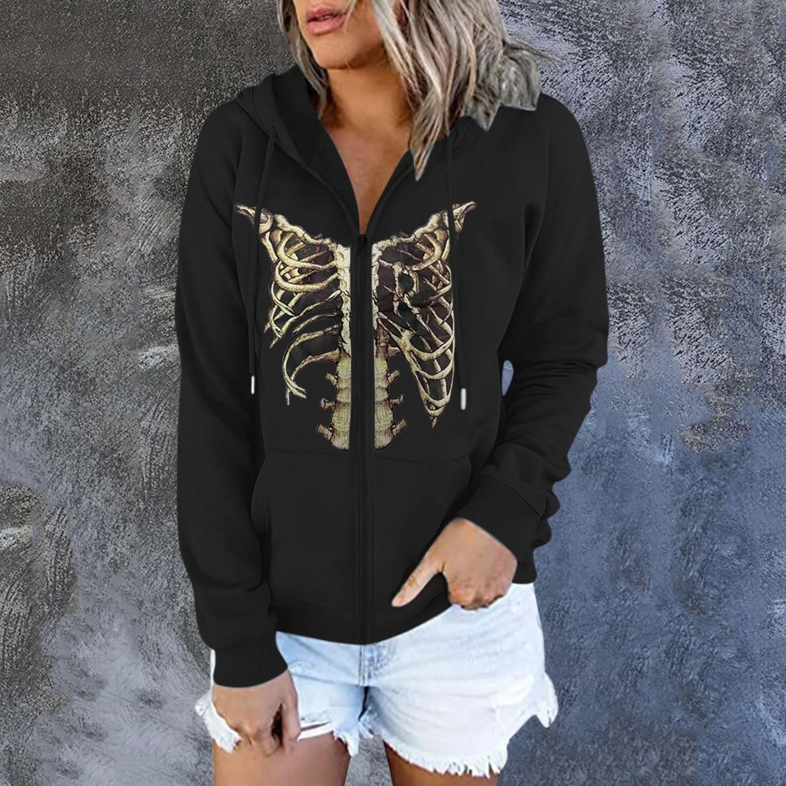 

Womens Casual Long Sleeve Halloween Print Zipper Hooded Coat Sweatshirt Tops Womens Brand Hoodie