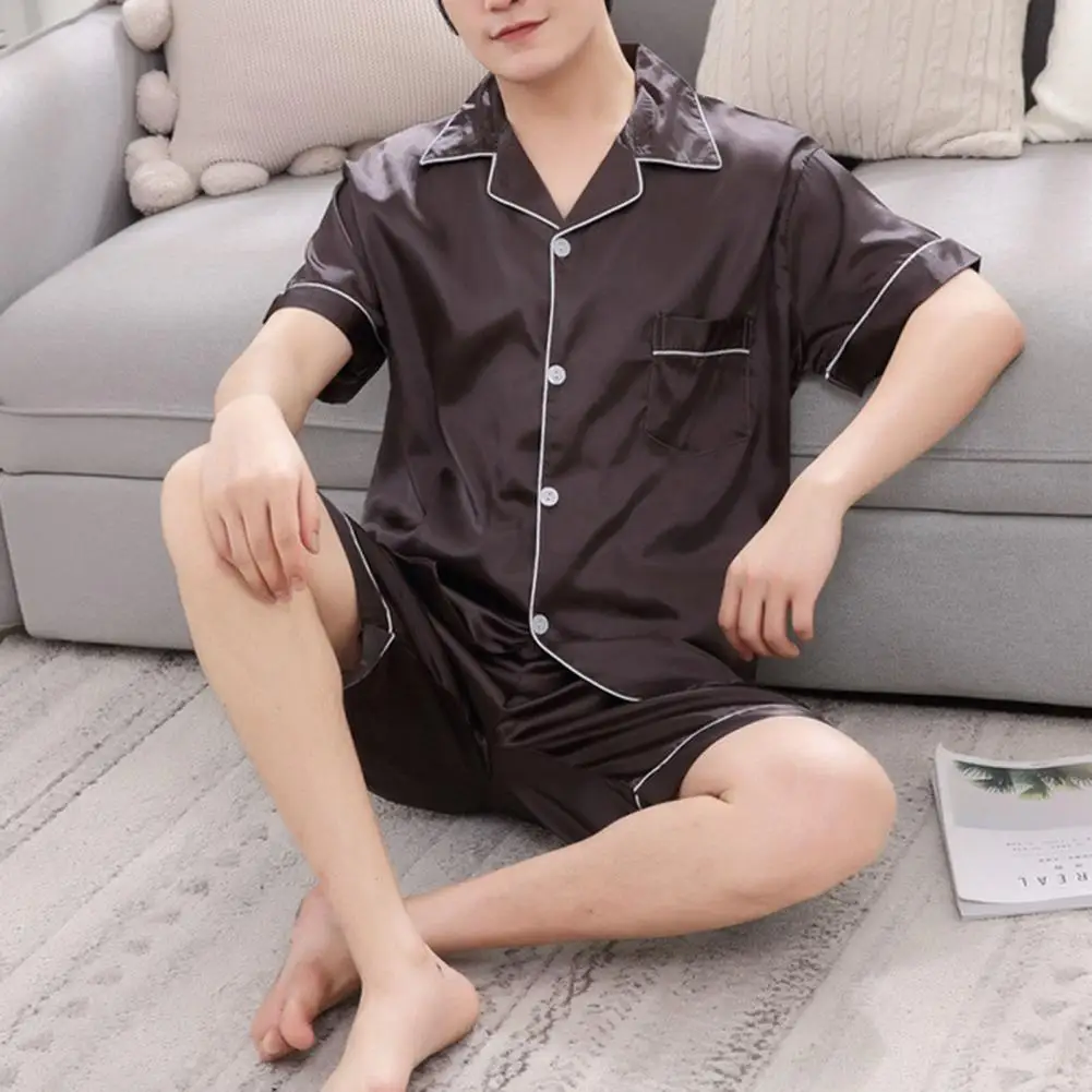 

Men Pajamas Set Solid Color Turn-down Collar Men Nightie Set Button Closure Short Sleeves Quick Drying Men Sleepwear Set For Men