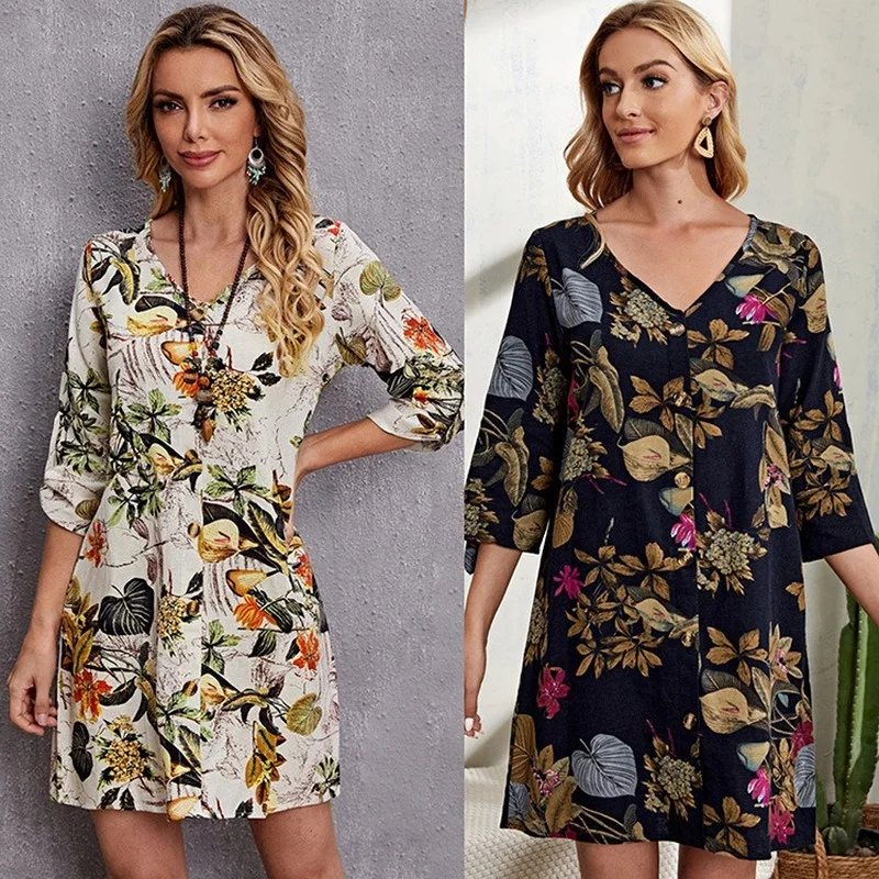 

Женское мини-платье из хлопка и льна, с коротким рукавом и принтом, осень 2022