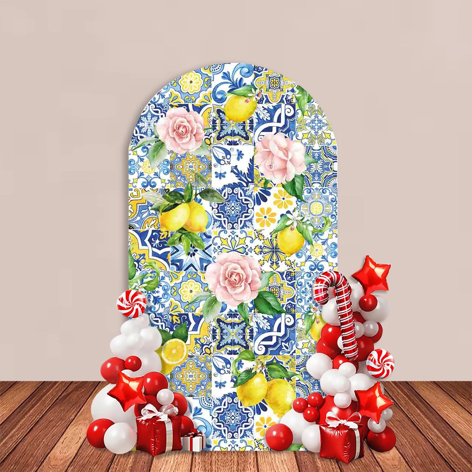 Фото Lemon Arch Backdrop Cover Happy Birthday Party Decor Blue Tile Floral Baby Kids Portrait Background Cake Table Photozone №3