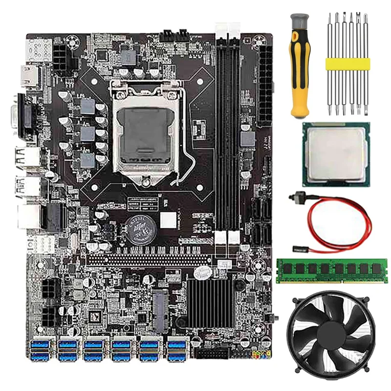 

B75 BTC Mining Motherboard G530/G630 CPU+8G DDR3 RAM+Fan+Screwdriver+Switch Line 12 USB3.0 GPU Slot LGA1155 DDR3 SATA3.0