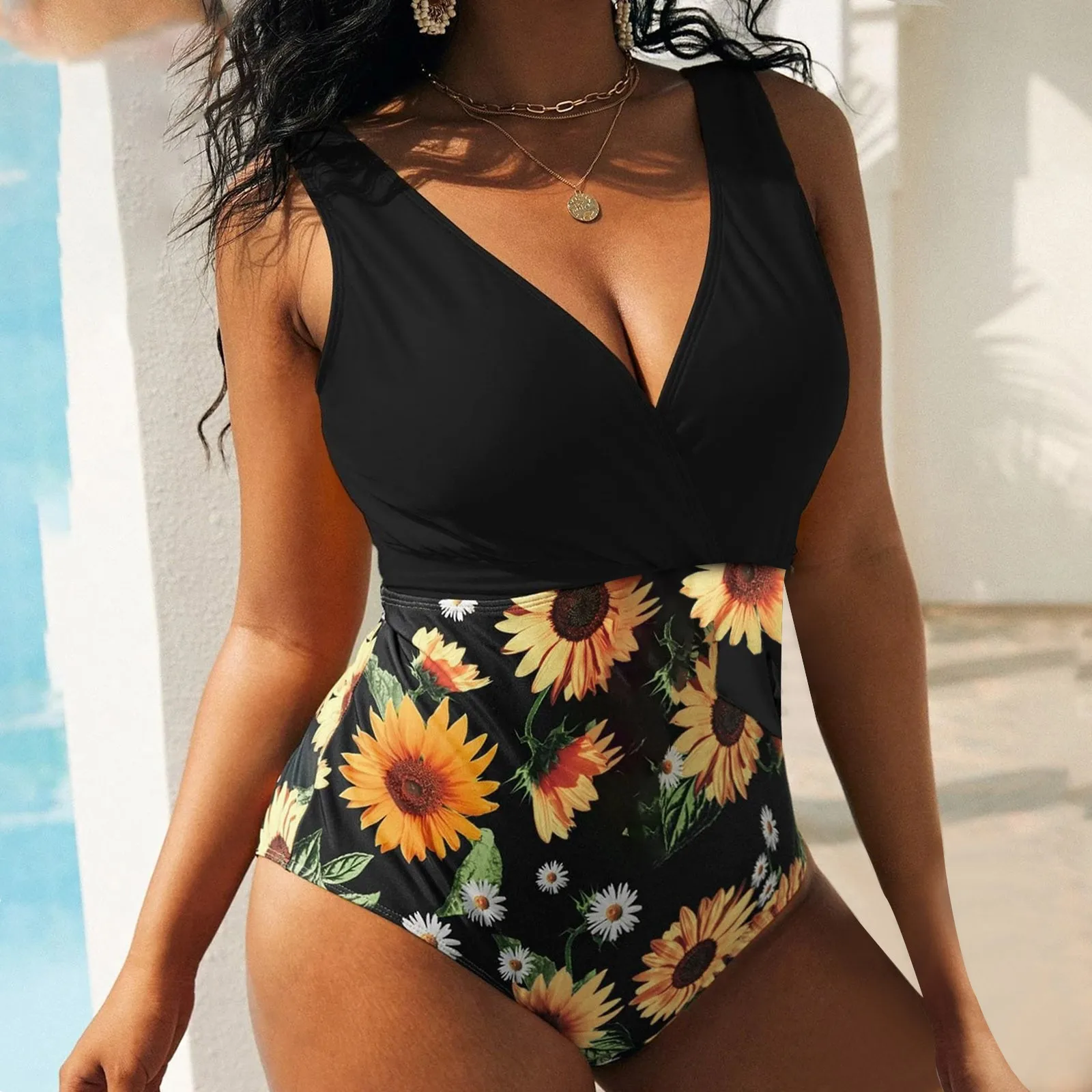 

Цельный бикини, Женский монокини с цветочным принтом, купальник с высокой талией, женский летний Цельный купальник, пляжная одежда, Прямая п...